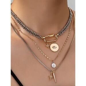 Gold & Silver Charm Necklace Chain Multilayer Pendant Tarnish Free